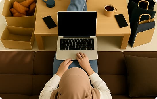 Person looking at products and a laptop on a table